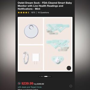 Owlet Dream Sock® FDA-Cleared Smart Baby Monitor Track Live Heart Rate, Oxygen